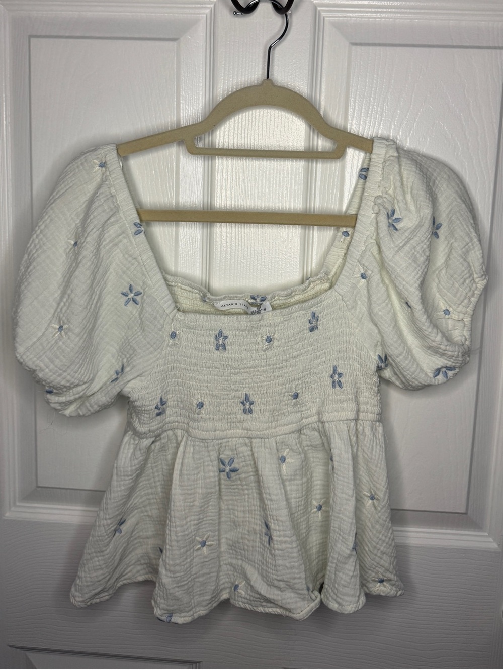 Altar’d State Puff-Sleeve Top with Blue Floral Embroidery - White - Picture 1 of 3